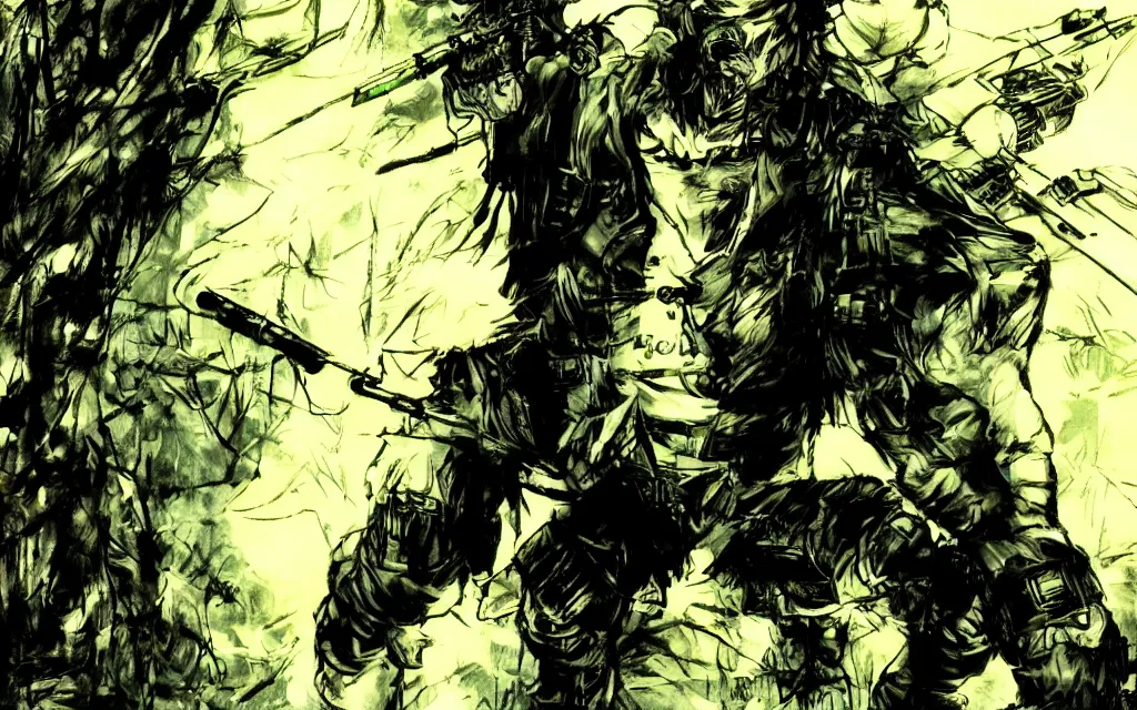 Prompt: A soldier in the woods, artwork by Yoji Shinkawa style