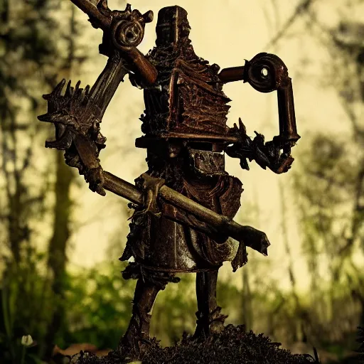 Prompt: D&D, old rusty warforged gardener, dramatic beautiful lighting, 8k photgraphy, codachrome,