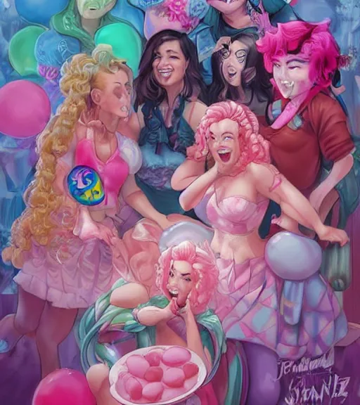 Image similar to humanized pinkie pie throws a party, a plus sized!!! white girl with curly pink hair and freckles throws a party, extremely energetic, very fun, laughter, art by stanley lau, artgerm, rossdraws, ross tran, sakimichan, cyarine, beautiful art