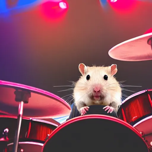 Image similar to a hamster playing drums on a stage in a small club, red and blue stagelights, photorealistic