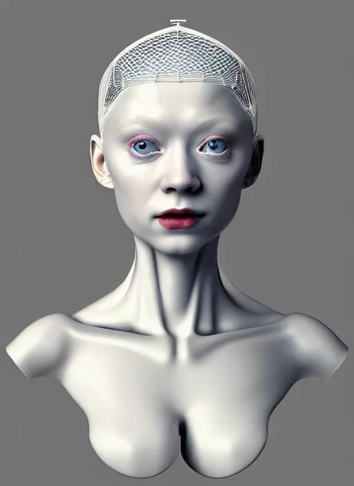 Image similar to complex 3d render ultra detailed of a beautiful porcelain profile young albino woman face, blue eyes, biomechanical cyborg, 200 mm lens, beautiful studio soft light, rim light, silver white gold red details, magnolia big leaves achromatic and stems, roots, fine foliage lace, mesh wire, Alexander Mcqueen high fashion haute couture, art nouveau fashion embroidered, intricate details, hyper realistic, ultra detailed, mandelbrot fractal, anatomical, facial muscles, cable wires, microchip, elegant, octane render, H.R. Giger style, 8k post-production, trending on Artstation