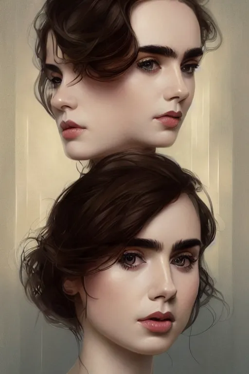 Prompt: symmetry!! beautiful portrait of lily collins, intricate, elegant, highly detailed, digital painting, artstation, concept art, smooth, sharp focus, illustration, art by artgerm and greg rutkowski and alphonse mucha vivid