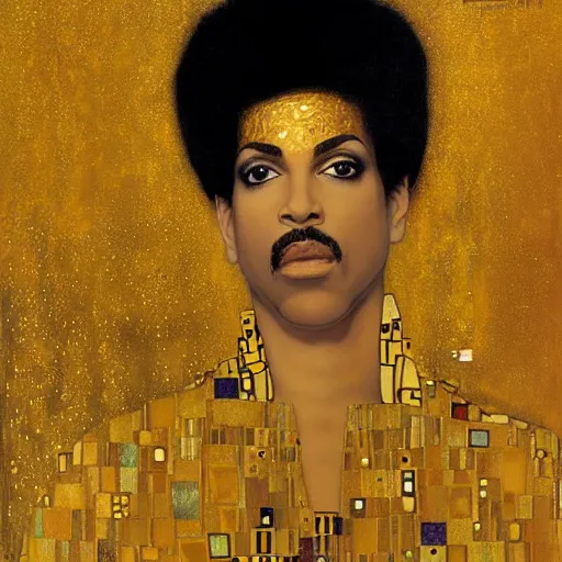 Image similar to a gold painting of Prince in the style ok Klimt. Lots of gold foil. So much gold. Gold color scheme.