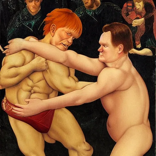 Image similar to conan o'brien and andy richter wrestling, by botticelli