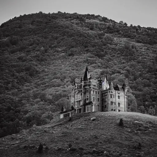 Image similar to Eerie Gothic castle on a hill above above a foreboding boggy landscape