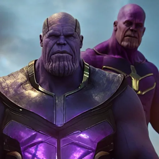 Prompt: cinematic still of thanos being arrested by swat