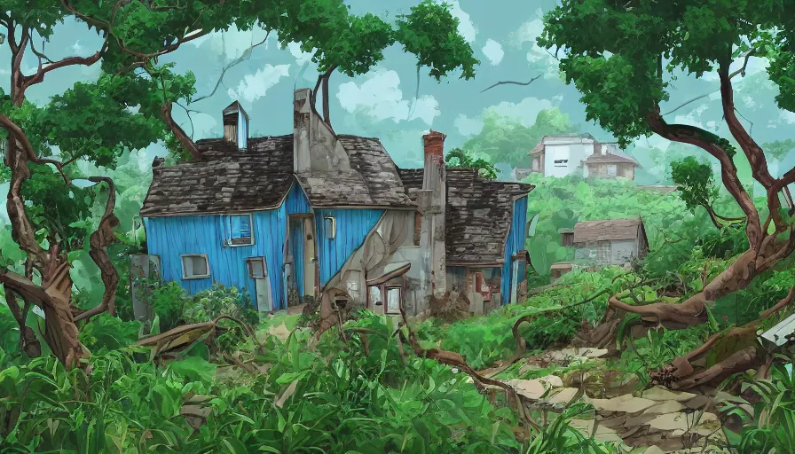 Prompt: a landscape of a shoddy house with white siding in a surburban neighborhood, overgrown with vines, blue door, large overgrown lawn with bushes nearby, studio madhouse, castle in the sky, animated, anime, illustrated, vibrant, 2 0 0 mm telephoto, background on artstation