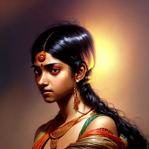 Image similar to Portrait of an indian girl with black hair, brown skin, glowing skin, fantasy, intricate, elegant, highly detailed, digital painting, artstation, concept art, smooth, sharp focus, illustration, art by Krenz Cushart and Artem Demura and alphonse mucha