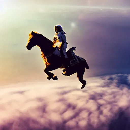 Image similar to a cinematic photograph of an astronaut riding a Pegasus flying above the clouds, mystical