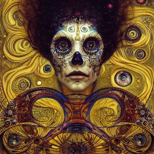 Image similar to Memento Mori by Karol Bak, Jean Deville, Gustav Klimt, and Vincent Van Gogh, beautiful visionary mystical portrait, calavera, otherworldly, fractal structures, ornate gilded medieval icon, third eye, spirals, jeweled calavera by Jean Delville