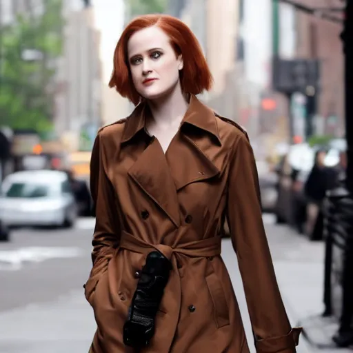 Image similar to 4 k award - winning still of evan rachel wood with long dark brown hair with bangs wearing a trench coat walking in new york city