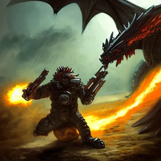 Prompt: man in a juggernaut suit wileding a minigun shooting at a dragon,fantasy art