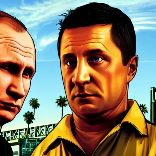 Prompt: Vladimir Putin and Volodymyr Zelensky in GTA V, Cover art by Stephen Bliss, Boxart, loading screen