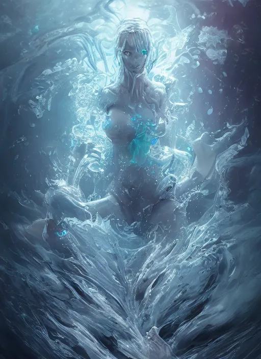 Image similar to high intricate fluid water demons, maria panfilova, andrea savchenko, mike kime, ludovic plouffe, qi sheng luo, oliver cook, makoto shinkai, trending on artstation