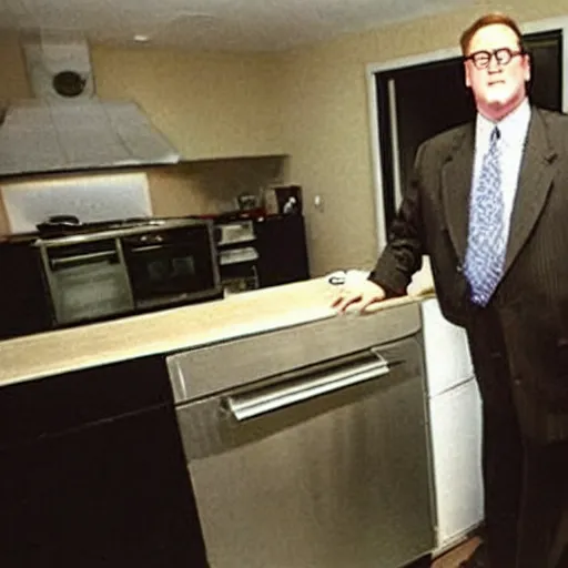 Prompt: 2 0 0 2 john lasseter wearing a black suit and necktie. he is in the kitchen of his house. there are several bags of groceries on the counter