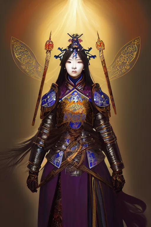 Image similar to beautiful and divine and holy and elite and colorlpunk three kingdom chinese female armor knight portrait like twice tzuyu+shinnyy eyes+front face with light flowing hair, ultradetail face, art and illustration by tian zi and craig mullins and WLOP and alphonse mucha, fantasy, intricate complexity, human structure, human anatomy, fantasy character concept, watermark, blurry, hyperrealism 8k