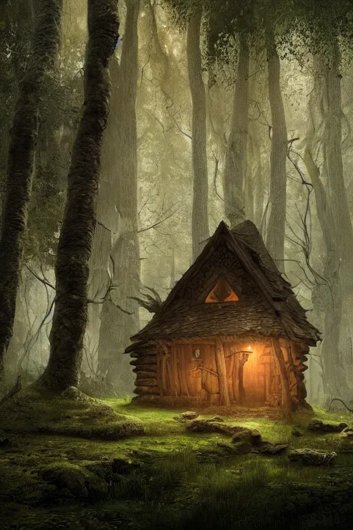 Prompt: the wooden house of a ancient witch in an ancient old forrest, eeire mood, lush vegetation, Dynamic lighting, cinematic, establishing shot, extremely high detail, photo realistic, cinematic lighting, , post processed denoised, concept design, concept art, artstation, matte painting, midjourney, style by alex ross, raphael lacoste, eddie mendoza