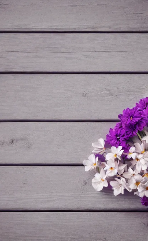 Prompt: bright clean soft background image with soft, light - purple flowers on pale gray rustic boards, background, cottagecore, photorealistic, backdrop for obituary text