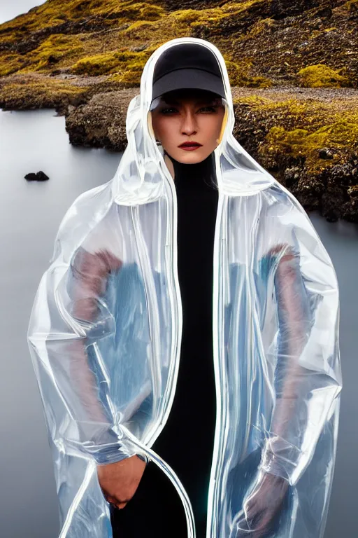 Image similar to an ultra high definition professional high fashion portrait studio full length photograph of a model wearing a transparent pearlescent raincoat and neon visor in an icelandic black rock environment at dawn. no artefacts. extremely detailed. stark. shallow depth of field. volumetric light and shadow. ray tracing. light ray.