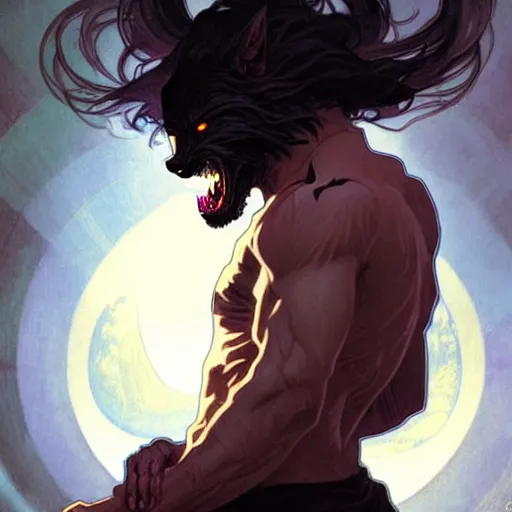 Prompt: a male werewolf, illustration, thriller atmosphere, art by artgerm and greg rutkowski and alphonse mucha