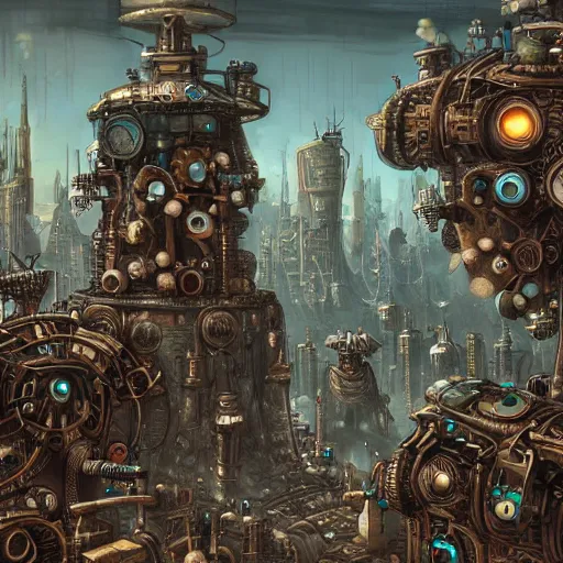 Prompt: robot city, steampunk art, fantasy style, super high detail, super high quality, talented artist, trending on artstation, machinarium