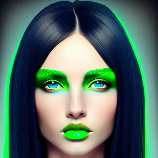 Image similar to photorealistic portrait of beautiful toxic girl, black hair, blue eyes, smooth face, perfect eyes, half body shot, elegant, realistic, glowing skin, detailed face, green colours, sharp focus