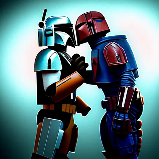 Image similar to mando from mandalorian kissing peter griffing from family guy ultra realistic, lens flare, atmosphere, glow, detailed, intricate, full of colour, cinematic lighting, trending on artstation, 4 k, hyperrealistic, focused, extreme details, unreal engine 5, cinematic, masterpiece, ultra realistic, hyper realistic, highly detailed, sharp focus, digital art