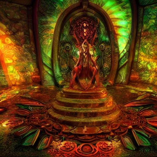 Prompt: Photorealistic magic elven shrine of the demon goddess. Hyperdetailed photorealism, 108 megapixels, amazing depth, glowing rich colors, powerful imagery, psychedelic Overtones, 3D finalrender, 3d shading, cinematic lighting, artstation concept art