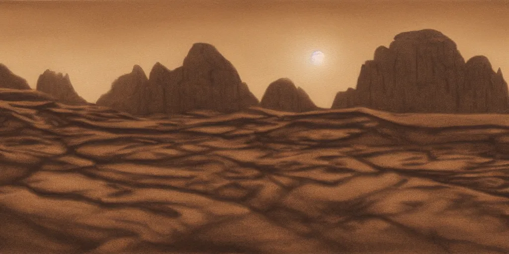 Prompt: a realistic rooftop sepia - toned painting of wadi rum at night, dark, brooding, atmospheric, lovecraft