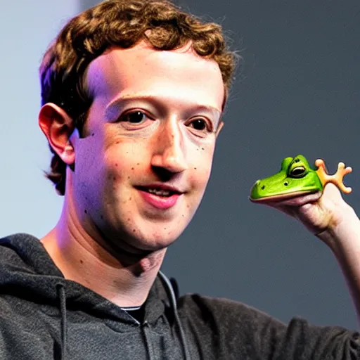 Image similar to mark zuckerberg with a frog on his shoulder