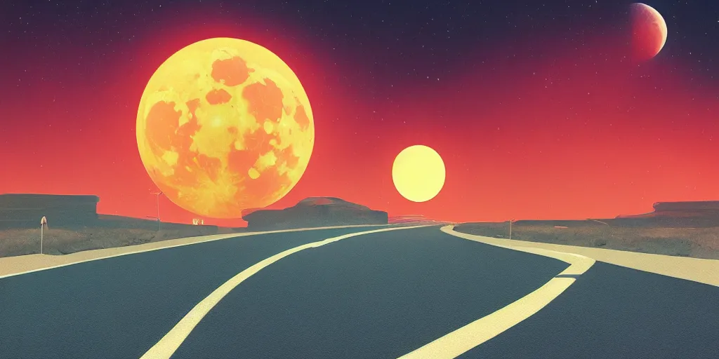 Prompt: a painting of a road with a red moon in the background, a matte painting by beeple, behance contest winner, space art, outrun, synthwave, retrowave