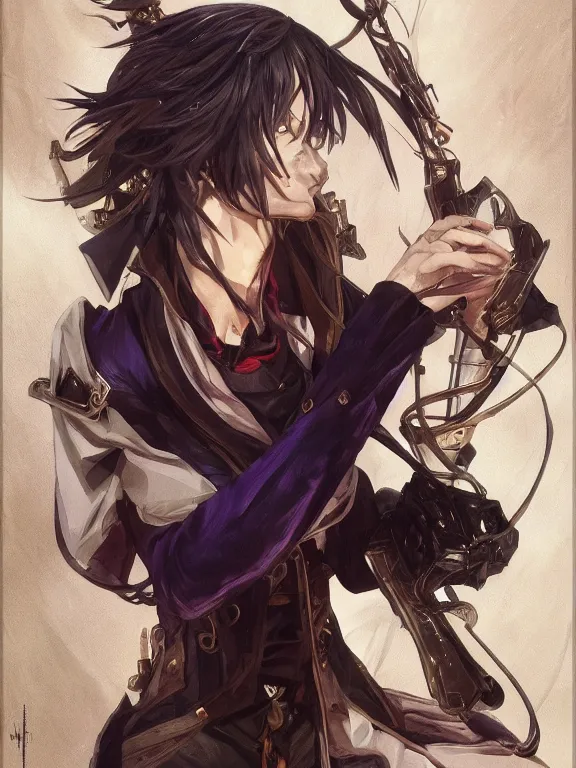 Prompt: manly eccentric lelouch lamperouge, hyper detailed, digital art, trending in artstation, cinematic lighting, studio quality, smooth render, unreal engine 5 rendered, octane rendered, concept art, smooth, sharp focus, illustration, art by artgerm and greg rutkowski and alphonse mucha and ian sprigger and wlop