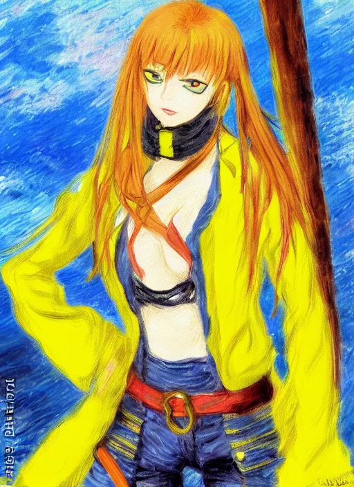 Image similar to a portrait of a female pirate, electric yellow uniform, very anime in impressionist style, anime trending artwork, anime painter studio, by claude monet