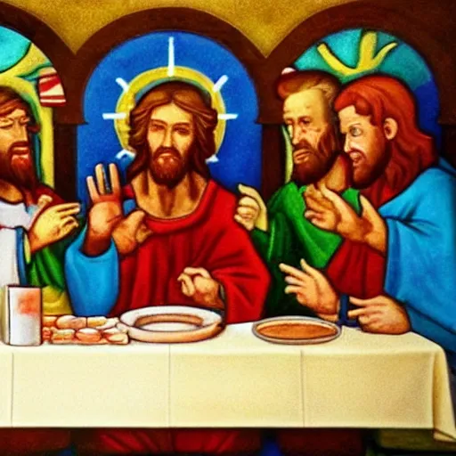 Prompt: McDonald's last supper but Ronald is Jesus