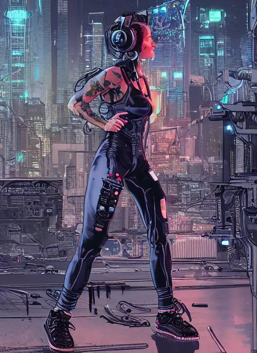 Image similar to Smug Maria. Female cyberpunk fitness babe wearing a cyberpunk tactical headset and jumpsuit. gorgeous face. Realistic Proportions. Concept art by James Gurney and Laurie Greasley. Moody Industrial skyline. ArtstationHQ. Creative character design for cyberpunk 2077.