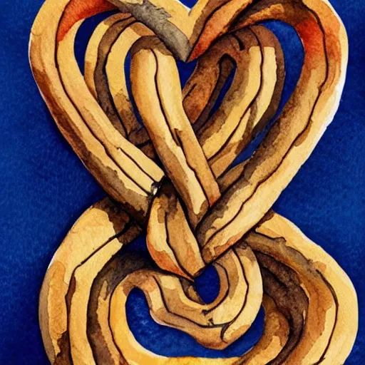 Image similar to watercolor art of a brown rope tied in the shape of a heart laying on a white background