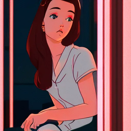 Prompt: portrait of a beautiful girl with dark hair that's styled in a 1940's fashion, dressed in a white t-shirt, sitting in an apartment alone by a window that overlooks a futuristic city, nighttime, low-key neon lighting, 4k, HQ, official media, anime key visual, makoto shinkai, ilya kuvshinov, lois van baarle, rossdraws, detailed, trending on artstation