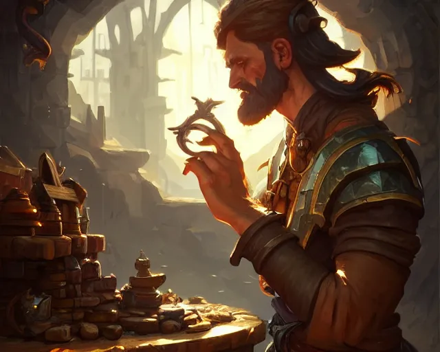 Image similar to a blacksmith looking at his armory, deep focus, d & d, fantasy, intricate, elegant, highly detailed, digital painting, artstation, concept art, matte, sharp focus, illustration, hearthstone, art by artgerm and greg rutkowski and alphonse mucha