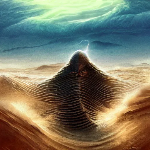 Image similar to giant from dune sandworm coming out of a stormy sea, lightning, highly detailed, beautiful light, epic, digital art, oil painting, award winning, fantasy artbook, 4 k