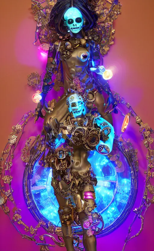 Image similar to a young beautiful angry latina ceramic and pink iron-plated android with a large glowing blue crystal in the center of her chest, full-body bronze cyberpunk style statue of Venus with glowing yellow laser eyes, crown of mechanical chrysanthemums, flowing aqua silk, fabric, steampunk flowers. baroque elements, human skull. full-length view. baroque element. intricate artwork by caravaggio. many flying horses on background. Trending on artstation, octane render, cinematic lighting from the right, hyper realism, octane render, 8k, depth of field, 3D