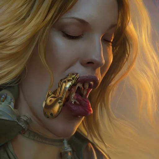 Prompt: giantess woman swallowing a person whole, intricate, highly detailed, digital painting, artstation, concept art, smooth, sharp focus, illustration, unreal engine 5, 8 k, art by artgerm and greg rutkowski and alphonse mucha