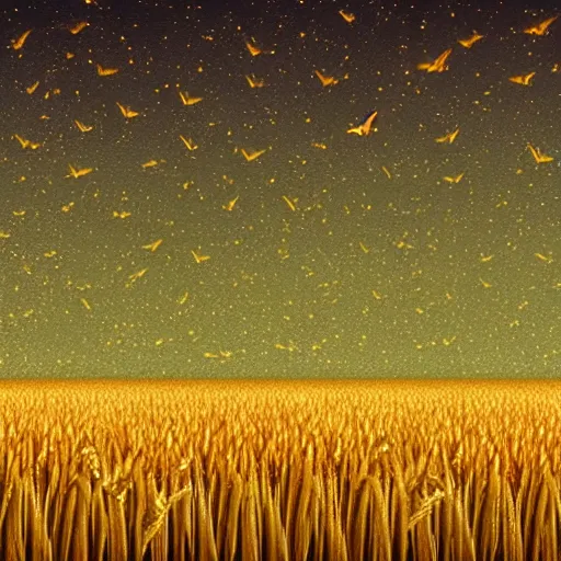 Prompt: hyper realistic wheat field with turquoise fireflies under a clear summer night sky