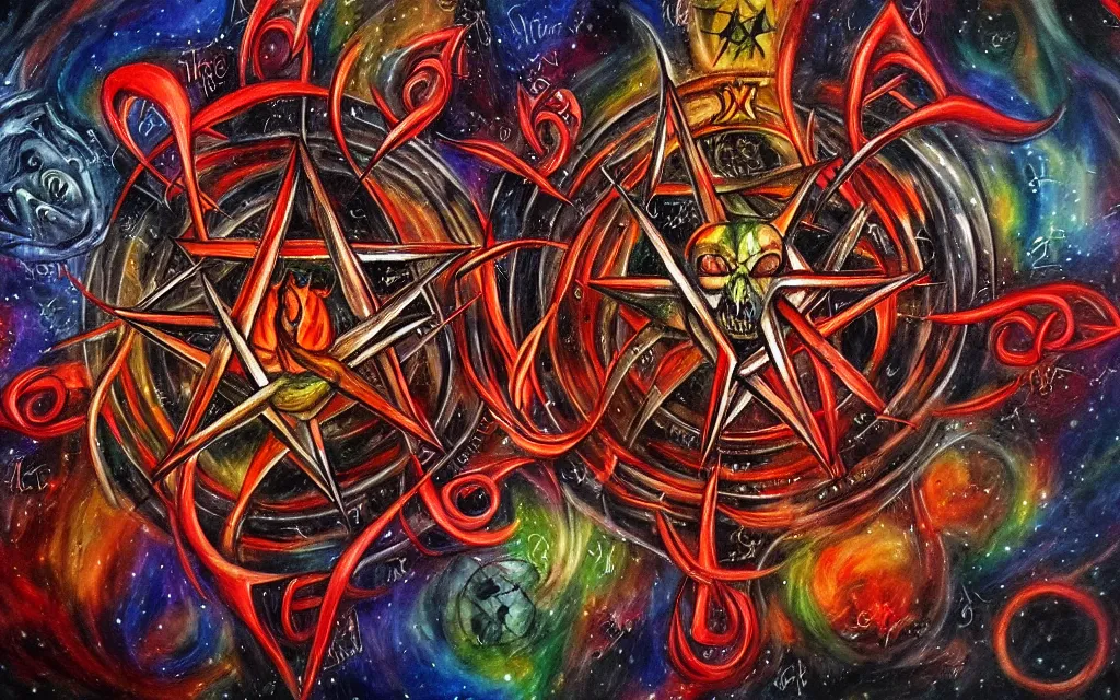 Image similar to the 7 layers of hell, doomsday, satan, pentagram, detailed, busy, hectic, painting by leona creo