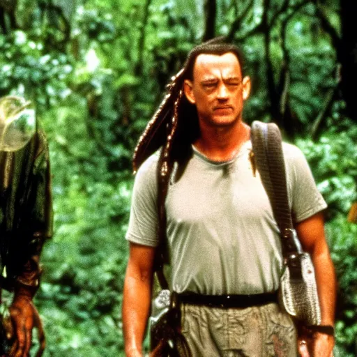 Image similar to tom hanks in the move forest gump replaced by a monster from the movie predator, still movie shot