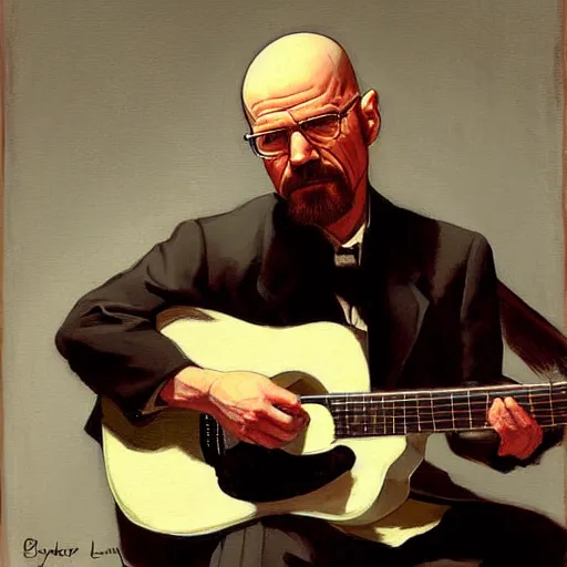 Prompt: painting of walter white as robbie basho the influential folk blues and fingerstyle guitar player, painted by leyendecker