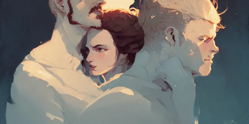 Prompt: portrait of cullen with a beautiful woman he loves by atey ghailan, by greg rutkowski, by greg tocchini, by james gilleard, by joe fenton, by kaethe butcher, dynamic lighting, gradient light blue, brown, blonde cream and white color scheme, grunge aesthetic