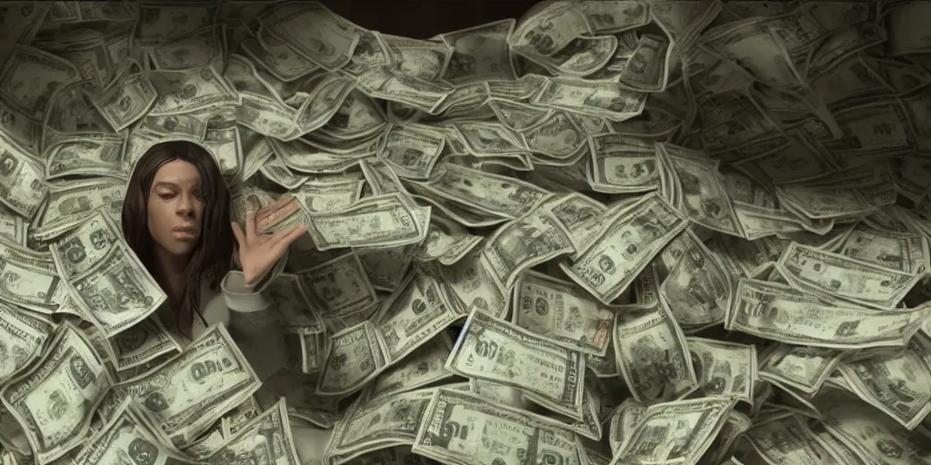 Image similar to a film still of cash money piling up in a vault, shallow depth of field, cinematic, award winning cgi, vfx, film still cfg _ scale : 2 1. 0