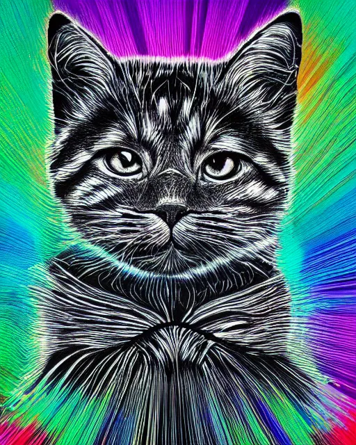 Prompt: highly detailed high resolution stacked plot of radio emissions from a pulsar, abstracted light refractions and stripy interference, making up a fluffy cat, silk screen t-shirt design in the style of FELIPE PANTONE 4K