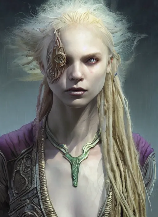 Image similar to fantasy changeling girl with blonde dreadlocks revealing her true nature, evile eyes, dim light, front game card, marvel comics, dark, intricate, highly detailed, smooth, artstation, digital illustration by ruan jia and mandy jurgens and artgerm and wayne barlowe and greg rutkowski and zdislav beksinski