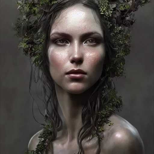 Image similar to photo realistic image of dryad, stunning 3 d render inspired art by istvan sandorfi and greg rutkowski, perfect facial symmetry, realistic, highly detailed attributes and atmosphere, dim volumetric cinematic lighting,